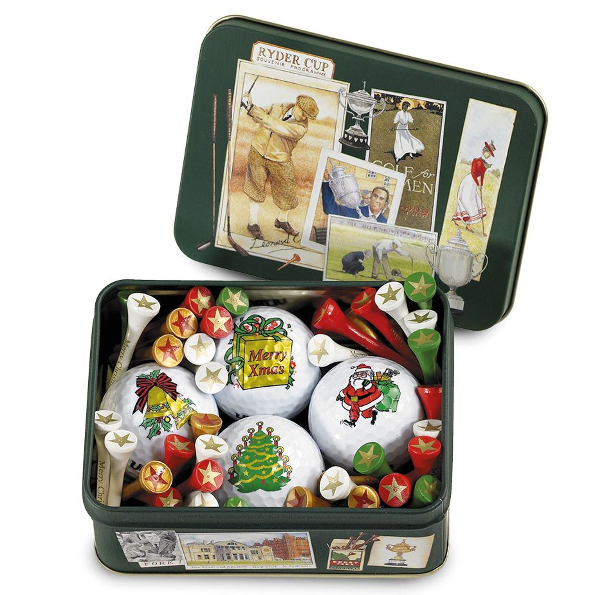 Sportiques Golf Gifts Scatola decorativa con 4 palline di Natale e circa 50 tee